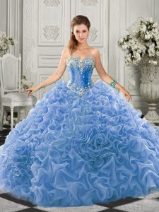Light Blue Sleeveless Organza Court Train Lace Up Quinceanera Gown for Military Ball and Sweet 16 and Quinceanera