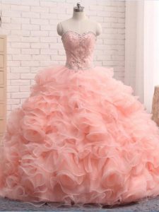 Pink Zipper Vestidos de Quinceanera Beading and Ruffles Sleeveless Floor Length