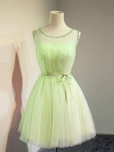 Yellow Green Empire Tulle Scoop Sleeveless Belt Knee Length Lace Up Quinceanera Court of Honor Dress