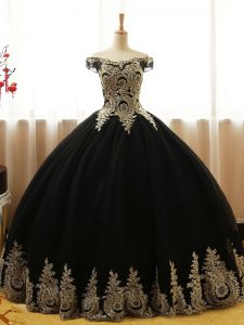 Tulle Off The Shoulder Sleeveless Lace Up Appliques Sweet 16 Quinceanera Dress in Black
