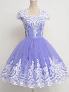 Lavender Damas Dress Prom and Party and Wedding Party with Lace Square Cap Sleeves Zipper