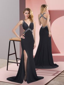 Black Criss Cross Halter Top Beading Dress for Prom Chiffon Sleeveless Brush Train