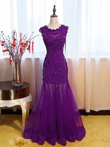 Custom Fit Eggplant Purple Sleeveless Floor Length Beading and Lace and Appliques Side Zipper Going Out Dresses