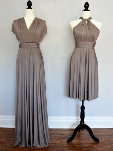 Grey Sleeveless Floor Length Ruching Lace Up Bridesmaid Dress