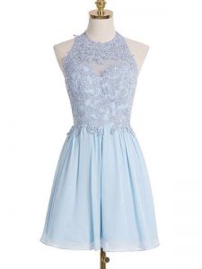 Fantastic Light Blue Empire Appliques Dama Dress for Quinceanera Lace Up Chiffon Sleeveless Knee Length
