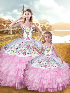 Cheap Rose Pink Sleeveless Floor Length Embroidery and Ruffled Layers Lace Up 15th Birthday Dress