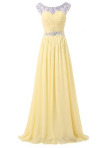 Classical Light Yellow Backless Scoop Beading and Ruching Prom Homecoming Dress Chiffon Sleeveless