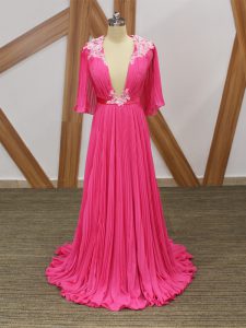 Sophisticated Hot Pink Empire Chiffon V-neck Half Sleeves Lace and Appliques and Pleated Backless Prom Evening Gown Swee
