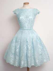 Cap Sleeves Knee Length Lace Lace Up Bridesmaid Dress with Light Blue