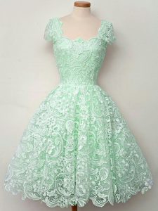 Beautiful Apple Green Cap Sleeves Knee Length Lace Lace Up Wedding Party Dress