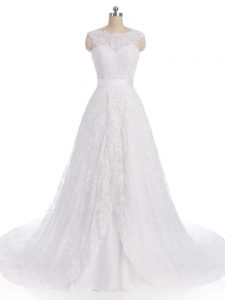 Sleeveless Lace Clasp Handle Wedding Dresses with White Brush Train