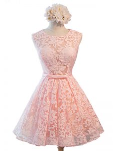 Fashion Knee Length Pink Bridesmaid Dress Lace Sleeveless Belt