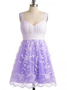Comfortable Empire Bridesmaid Dresses Lavender Straps Lace Sleeveless Knee Length Lace Up