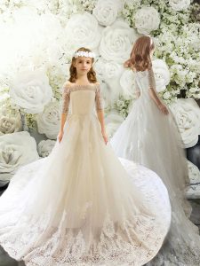 Enchanting Tulle Off The Shoulder Half Sleeves Court Train Clasp Handle Lace Flower Girl Dress in White