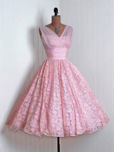 Extravagant Mini Length Lace Up Dama Dress for Quinceanera Baby Pink for Prom and Party and Wedding Party with Lace
