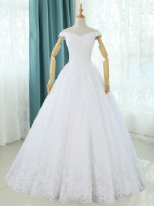 Nice White Sleeveless Lace and Appliques Floor Length Wedding Gowns