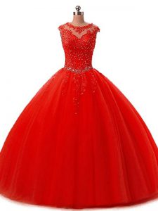 Captivating Red Lace Up Quinceanera Dress Beading and Lace Sleeveless Floor Length