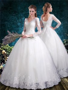 Fashionable Floor Length White Wedding Dresses V-neck 3 4 Length Sleeve Lace Up