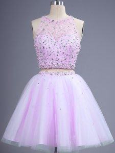 Elegant Lilac Sleeveless Tulle Lace Up Quinceanera Court of Honor Dress for Prom and Party and Wedding Party