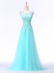 Sexy Aqua Blue Scoop Backless Lace and Appliques Evening Party Dresses Brush Train Sleeveless