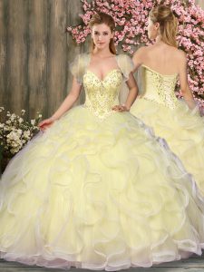 Glamorous Light Yellow Sleeveless Beading and Ruffles Floor Length Quinceanera Dress