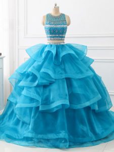 High End Baby Blue Two Pieces Beading and Ruffles 15th Birthday Dress Backless Tulle Sleeveless