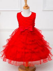 Red Ball Gowns Organza Scoop Sleeveless Ruffled Layers and Bowknot Tea Length Zipper Flower Girl Dresses
