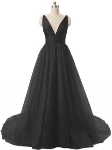 Black Organza Backless Prom Dresses Sleeveless Sweep Train Ruching