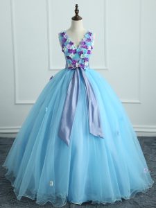 Classical Light Blue Lace Up Quinceanera Dresses Appliques and Belt Sleeveless Floor Length
