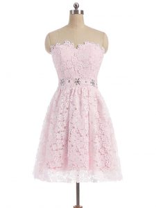 Pink A-line Sweetheart Sleeveless Lace Mini Length Zipper Beading and Lace Prom Gown