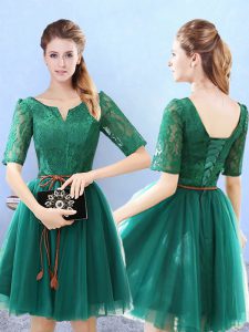 Sexy Half Sleeves Knee Length Lace Lace Up Quinceanera Dama Dress with Green