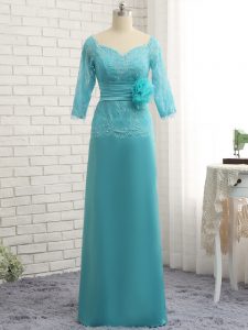 Aqua Blue Column/Sheath Chiffon Sweetheart Long Sleeves Lace and Appliques and Ruching and Hand Made Flower Floor Length