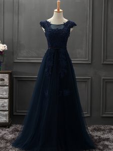 Shining Navy Blue Scoop Lace Up Beading and Lace and Appliques Mother Of The Bride Dress Sleeveless