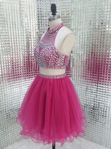 Fuchsia Sleeveless Beading Mini Length Pageant Dress for Teens