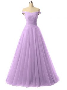 Fancy Lavender A-line Tulle Off The Shoulder Sleeveless Ruching Floor Length Lace Up Dress for Prom