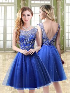 Luxury Royal Blue A-line Beading Prom Dresses Backless Tulle Sleeveless Mini Length