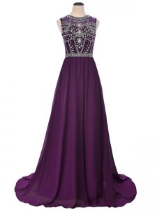 Purple Empire Scoop Short Sleeves Elastic Woven Satin Brush Train Side Zipper Beading Pageant Dress for Girls