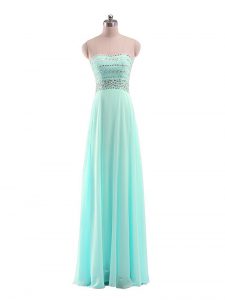 Aqua Blue Chiffon Zipper Prom Dresses Sleeveless Floor Length Beading