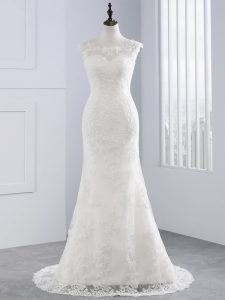 White Scoop Zipper Lace and Appliques Wedding Gowns Sleeveless
