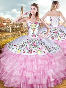 Rose Pink Ball Gowns Organza and Taffeta Sweetheart Sleeveless Embroidery and Ruffled Layers Floor Length Lace Up Sweet 