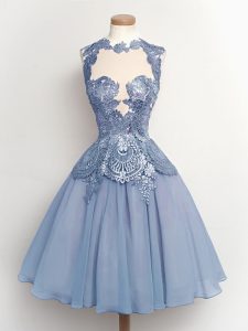 Knee Length Light Blue Wedding Party Dress High-neck Sleeveless Lace Up