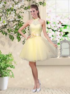 Charming Light Yellow Sleeveless Tulle Lace Up Wedding Guest Dresses for Prom and Party