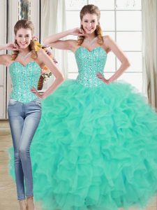 Turquoise Sweetheart Lace Up Beading and Ruffled Layers Sweet 16 Quinceanera Dress Brush Train Sleeveless