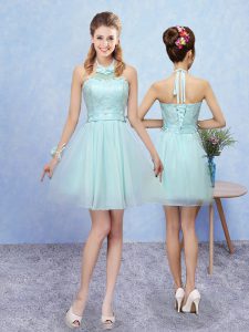 Simple Aqua Blue Sleeveless Tulle Lace Up Bridesmaids Dress for Prom and Party