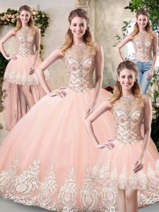 Amazing Peach Sleeveless Tulle Backless 15th Birthday Dress for Prom and Military Ball and Sweet 16 and Quinceanera