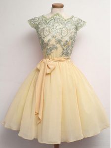 Champagne Scalloped Lace Up Lace and Belt Quinceanera Dama Dress Cap Sleeves