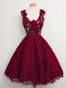 Fantastic Wine Red Straps Lace Up Lace Wedding Party Dress Sleeveless