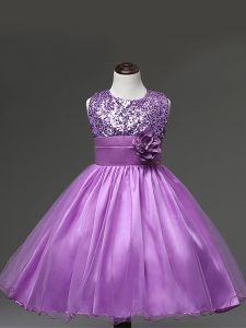 Lilac Ball Gowns Scoop Sleeveless Tulle Knee Length Zipper Sequins and Hand Made Flower Kids Formal Wear