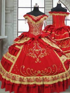 Red Satin and Taffeta Zipper Off The Shoulder Cap Sleeves Floor Length Quince Ball Gowns Beading and Embroidery and Ruff