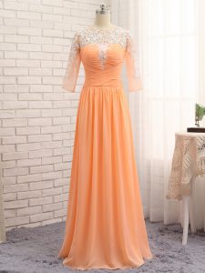 Sophisticated Orange Zipper Bateau Lace and Appliques and Ruching Formal Dresses Chiffon Long Sleeves